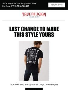 ⌛ Last chance to get 15% off the True Note Tee | Black | Size 3X Large | True Religion! ⌛