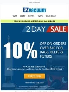 ? 10% Off Vacuum Bags， Belts & Filters | Limited Supplies ?