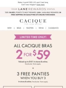 2/$59 BRAS + 3 ? FREE ? PANTIES (when you buy 3)