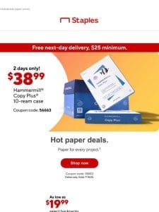 $38.99 for Hammermill Copy Plus paper， 10-ream case.