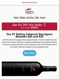 ALMOST GONE: JUSTIN’s Paso Robles Cabernet Sauvignon is 26% OFF Today! ?