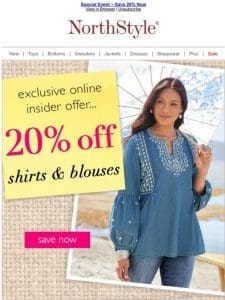 Brilliant Colors. Stunning Looks. 20% Off ~ Shop Spring Shirts & Blouses Today!