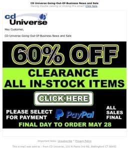 CD Universe Going-Out-Of-Business Sale Continues. Now 60% Off Everything in stock.