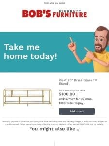 Don’t miss out on Bob’s Discount for the Prest 70″ Brass Glass TV Stand!