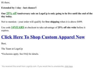 EXTENDED: 1 Day Only – 25% Off Custom Apparel