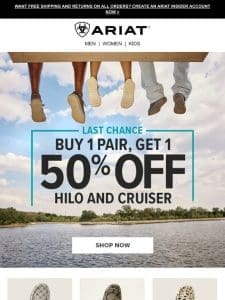 Final Hours: BOGO 50% Off Hilo Shoes & Cruisers