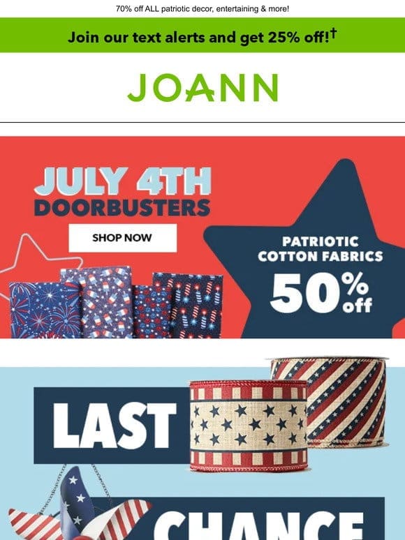 July 4th DOORBUSTERS! Up to 50% off patriotic cotton fabrics!