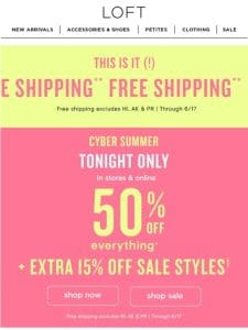 Last chance! FREE shipping + 50% OFF EVERYTHING + extra 15% off sale