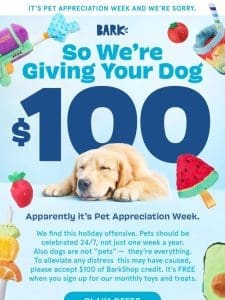 Let’s give your dog toys， treats， and $100