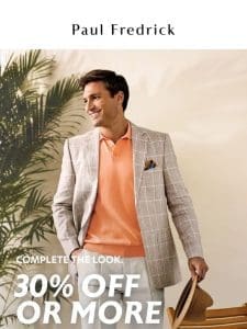 Linen sport coats & more are 30% off.