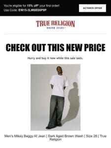 Price drop! The Men’s Mikey Baggy Af Jean | Dark Aged Brown Wash | Size 28 | True Religion is now on sale…