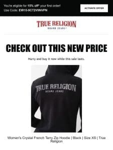 Price drop! The Women’s Crystal French Terry Zip Hoodie | Black | Size XS | True Religion is now on sale…