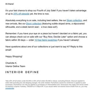 RE: your 25% off at Interior Define