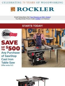 Rare Opportunity: Save Up to $500 on SawStop Starting Today!