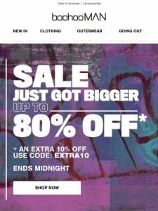 Sale Just Got BIGGER: Up To 80% Off + Extra 10%!