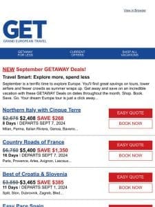 Save up to $1，350 on Europe’s Best Getaways!