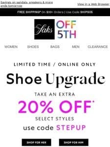 Sole searching? Extra 20% OFF must-have shoes