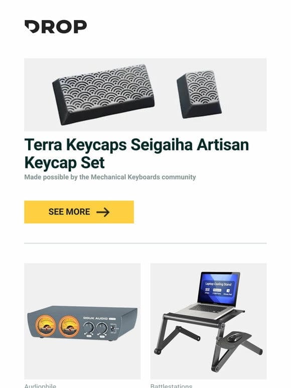 Terra Keycaps Seigaiha Artisan Keycap Set， Douk Audio H7 PRO Stereo Power Amplifier With VU Meter， Uncaged Ergonomics WorkEZ Cool Adjustable Laptop Stand and more…