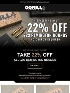 This Weekend Only – 22% Off .223 REM Rounds!