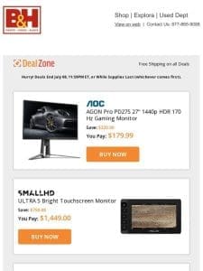 Today’s Deals: AOC 27″ 1440p HDR Gaming Monitor， SmallHD ULTRA 5 Bright Touchscreen Monitor， Sachtler Flowtech CF Tripod System w/ Ace XL Mark II Fluid Head， Gator 52″ Utility Cart Standard & More