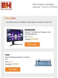 Today’s Deals: Samsung 32″ 16:9 LCD Gaming Monitor， Dahle 552 Pro Rotary Trimmer， Vello EZ-Flip Gel Set， SmallRig Universal Vintage Wrist Strap & More