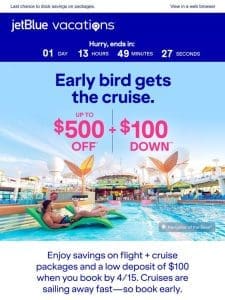 Up to $500 off flights + cruise is sailing away. ??