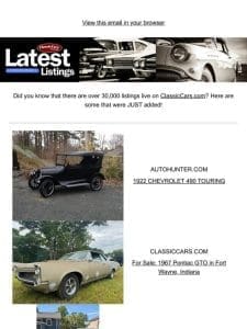 Your next set of wheels just came in. Check listings on ClassicCars.com.