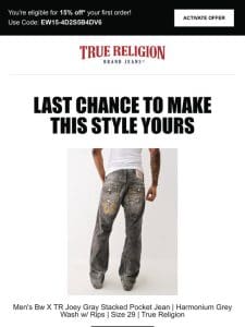 ⌛ Last chance to get 15% off the Men’s Bw X TR Joey Gray Stacked Pocket Jean | Harmonium Grey Wash w/ Rips | Size 29 | True Religion! ⌛