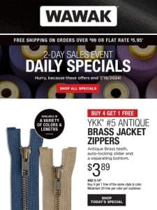 2-Day SALES EVENT! Buy 4 Get 1 Free – YKK® #5 Antique Brass Jacket Zippers & More!