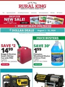 Automotive Savings! Save $2 on 5gal Smart Fill Gas Can， $299.99 Off Champion Electric Start Duel Fuel Backup Generator， $20 Off ATV/UTV Winch Kit & More!