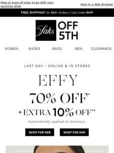 Last day! Effy 70% OFF + extra 10% OFF