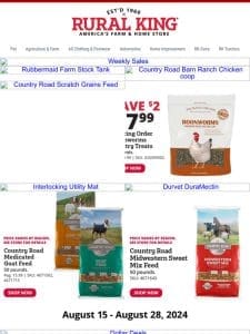 Livestock Deals! Save Big on Rubbermaid Farm Tough Stock Tank， $79.99 Off Country Road Chicken Coop， Save on Poultry Feed & Treats & More!