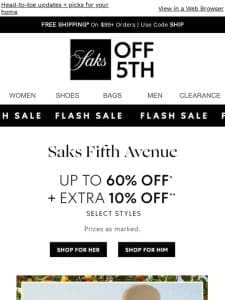 Saks Fifth Avenue up to 60% OFF + extra 10% OFF