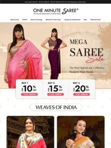 Shop the Mega Saree Sale – Stunning Styles at Slashed Prices.