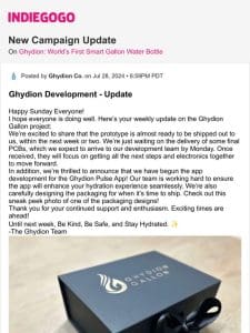 ? Update #106 from Ghydion: World’s First Smart Gallon Water Bottle