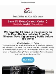 #1 Price In The Country On This Red Wine! Save 25% On This Paso Robles Red.