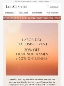 30% off designer frames + 50% off lenses