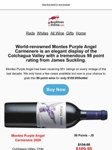 98pt best selling Chilean Carmenere – Montes Purple Angel 2020