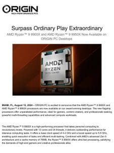 MEDIA ALERT: Available Now， AMD Ryzen? 9 9900X and AMD Ryzen? 9 9950X