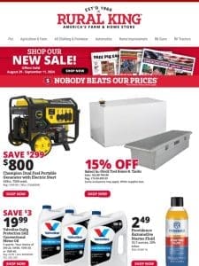 Save Big on Champion Duel Portable Generator， 15% Off Select Tool Boxes & Tanks， Valvoline Motor Oil & More!