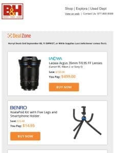 Today’s Deals: Venus Optics Laowa Argus 35mm f/0.95 FF Lenses， Benro KoalaPod Kit w/ Five Legs & Smartphone Holder， SmallRig Mini Matte Box Lite， PortaBrace Heavy-Duty Sandbag & more